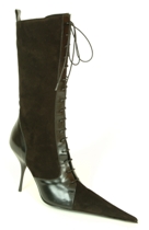black suede calf-length lace-up boot with leather trim